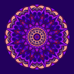  Round pattern - lace mandala. Bright shades of purple, pink, delicate beige - fashion trends and combinations in the design of fabrics, clothing and premises.