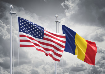 3D Rendering of United States of America & Romania Flags are Waving in the Sky - 3d illustration