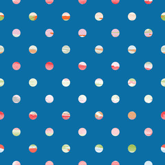 Seamless pattern of multicolored watercolor circles on a green and blue background.