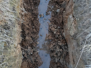 The Ditch. Wastewater. Drainage system in the close-up