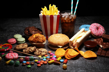 Unhealthy products. food bad for figure, skin, heart and teeth.
