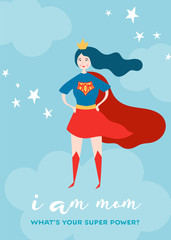 Mothers Day Greeting Card with Super Mom. Superhero Mother Character in Red Cape Design for Mother Day Poster, Banner, Background. Vector flat cartoon illustration