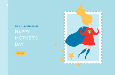 Mothers Day Sale Banner with Superhero Mother for Landing Page. Mother Day Promo Seasonal Discount Spring Design for Website, Web Page. Vector illustration