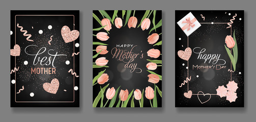 Obraz na płótnie Canvas Mothers Day Greeting Card Design Set. Happy Mother Day Flyer with Tulip Flowers, Gifts and Golden Glitter Hearts for Poster, Banner, Invitation. Vector illustration