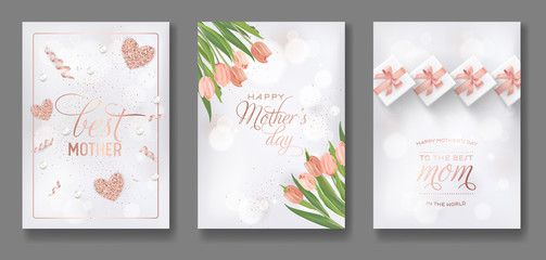 Mothers Day Greeting Card Design Set. Happy Mother Day Flyer with Flowers, Gifts and Golden Glitter Hearts for Poster, Banner, Invitation. Vector illustration