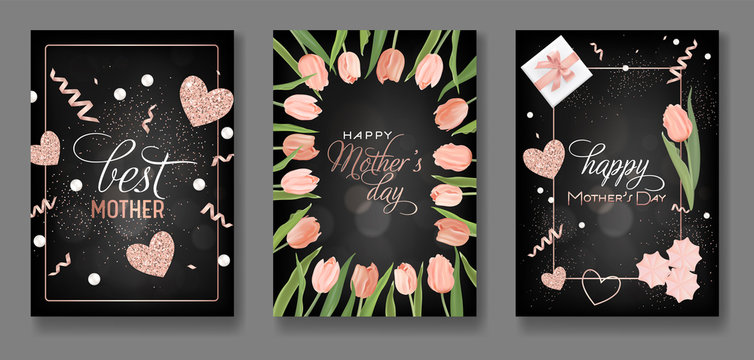 Mothers Day Greeting Card Design Set. Happy Mother Day Flyer with Tulip Flowers, Gifts and Golden Glitter Hearts for Poster, Banner, Invitation. Vector illustration