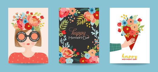 Mothers Day Greeting Card Set. Spring Happy Mother Day Holiday Banner with Flowers and Mom Character with Bouquet for Flyer, Poster. Vector illustration