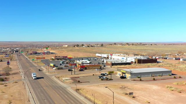 Aerial drone footage of Concho Arizona historical Route 66 in the desert