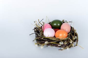 The nest with green, yellow, pink easter eggs
