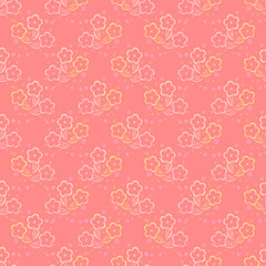 Seamless pattern of light colors and multicolored small elements on a coral background.