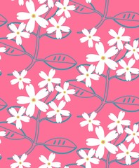 Seamless pattern. The foreground consists of fictional flowers.The background consists of squares cut by a five-pointed star. Editable.