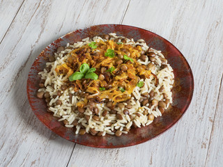 Mujadarra - arabian dish with rice and lentils.