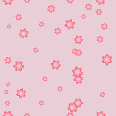 Seamless pattern of purple-pink flowers with white stamens, on a pale pink background.