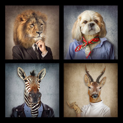Animals in clothes on vintage style. People with heads of animals. Concept graphic, photo manipulation for cover, advertising, prints on clothing and other.