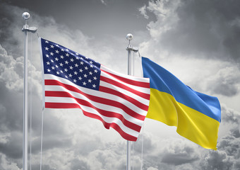 3D Rendering of United States of America & Ukraine Flags are Waving in the Sky - 3d illustration