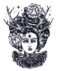 JPEG magical forest fairy with curly hair with flowers. A fantastic goddess demon with horns of a deer, and ruffle collar. Linear decorated graphic. Mythological characters tattoo art, print t-shirt