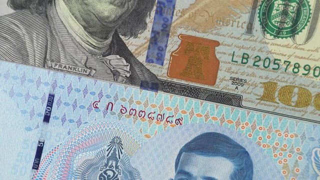 Thai baht against US dollar bill rotating. Thailand and USA trade. 4K stock video footage