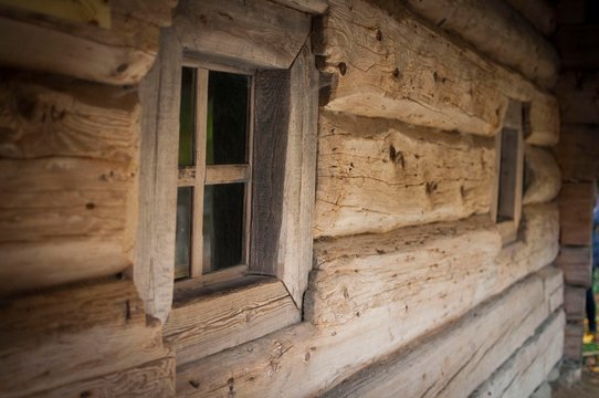 Wooden window outside in old house architecture