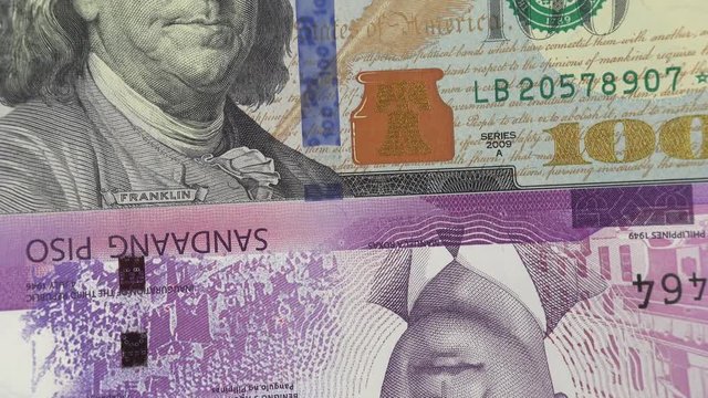 Philippine peso vs US dollar bill rotating. Philippines and USA relations. 4K stock video footage