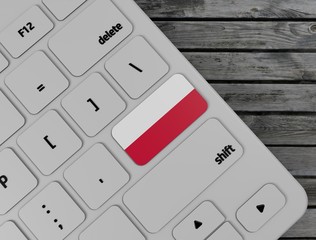 Poland flag enter key on white keyboard, on wood background. 3d render