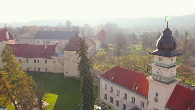 Aerial view of the historical center of Zhovkva, Lviv region, Ukraine. Shooting with drone