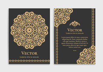 Fototapeta na wymiar Gold vintage greeting card design with a black background. Luxury vector ornament template. Mandala. Great for invitation, flyer, menu, brochure, wallpaper, decoration, or any desired idea.