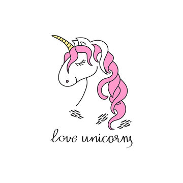 Lettering and a cartoon unicorn on a white background. Love unicorns inscription. Vector illustration. 