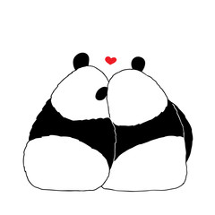 Vector illustration of lovely cartoon panda sitting together on white background. Happy romantic little cute panda. Drawing by hand sketch design for poster, greeting card, t shirt, print, sticker. © Мария