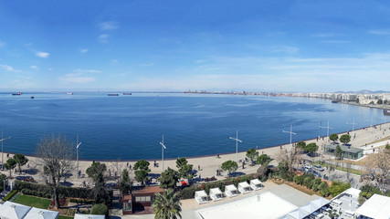Fototapeta premium Aerial view of Nea Paralia seafront at Thessaloniki, Greece