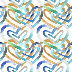 Seamless pattern with hand drawn watercolor  colorful heart on a white background. 