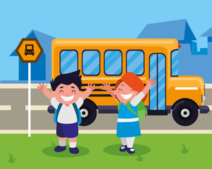 happy little school kids in the bus stop