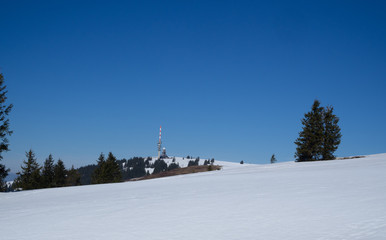 Snowy mountains in black forest with tower in the background