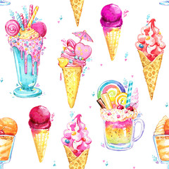 Milkshake Ice cream pattern tasty white watercolor seamless