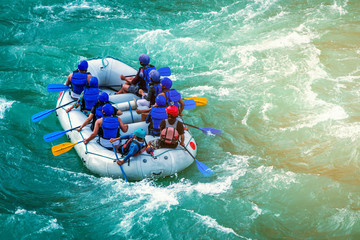 Top  view  of young  people rafting in River Ganges Rishikesh India 