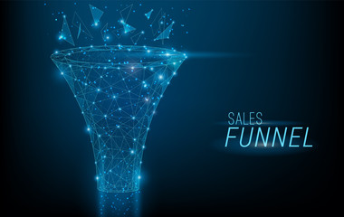 Sales funnel designed in 3D polygonal style,consisting of points, lines, and shapes on dark blue background. Vector big data or sales marketing funnel concept.