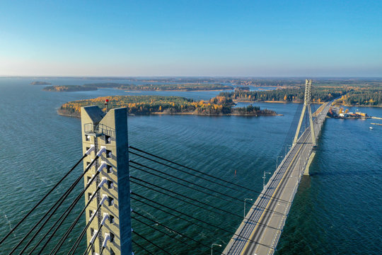 Raippaluoto, Finland - October 14, 2018: Longest bridge of Finland at Raippaluoto captured with drone on sunny day