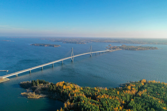 Raippaluoto, Finland - October 14, 2018: Longest bridge of Finland at Raippaluoto captured with drone on sunny day