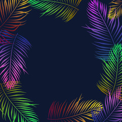 Fototapeta na wymiar Tropical palm leaf neon color square frame for text