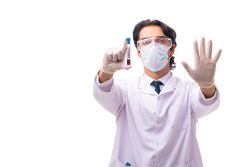 Young chemist isolated on white background 
