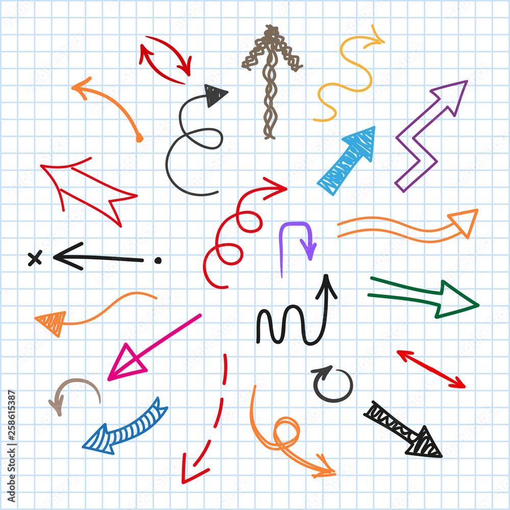 Poster set arrows icon. different colored painted arrows sign isolated on notebook paper texture – stock ve