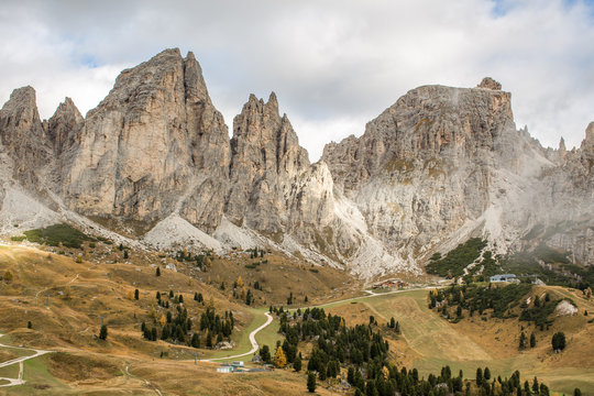 Cirspitzen in the Dolomites, Italy. Sunny Fall Day on Passo Gardena near Val Gardena