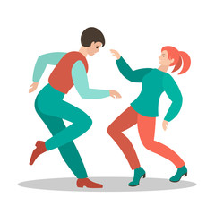 A young couple dancing in a disco. Man and woman in bright clothes in dynamic mobile poses. Flat style, vector illustration.