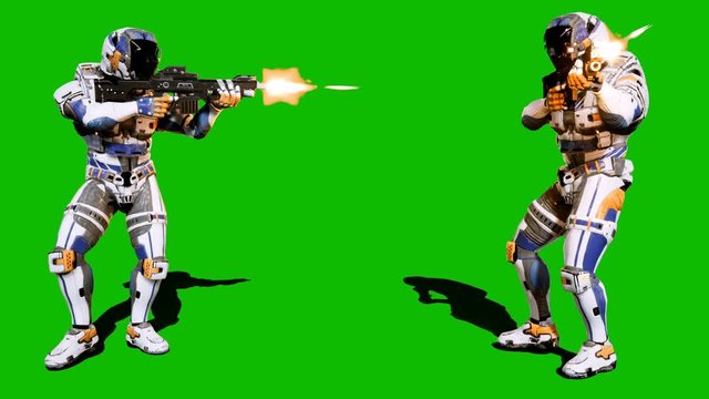A lone soldier of the future attacks the enemy on the background of the green screen. Looped realistic animation.