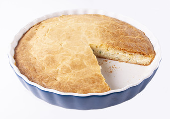 Tasty fresh homemade pie on white background