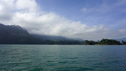 tropical landscape on chiao lan lake in khao sok