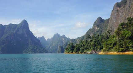 tropical landscape on chiao lan lake in khao sok