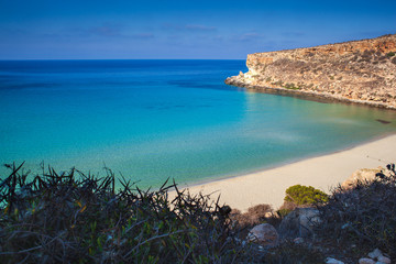 View of the most famous sea place of Lampedusa called Spiaggia dei conigli,