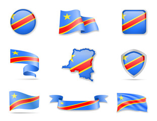 Democratic Republic of Congo flags collection. Vector illustration set flags and outline of the country.
