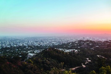 Gorgeous skyline view of Los Angeles on colorful sky background. Beautiful backgrounds.