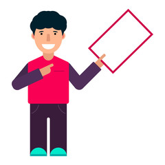 A man with a sign in his hand. A man holding a poster. Young guy. Vector drawing. Isolated object on white background. Isolate.